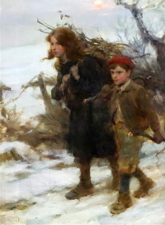 William Pratt (1855-1936) Children gathering wood in winter 16 x 12in.
